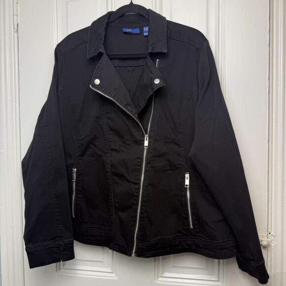 QVC Denim & Co. Perfect Flex Black/Grey Moto Jacket Womens 2X Black NWOT - Picture 2 of 9